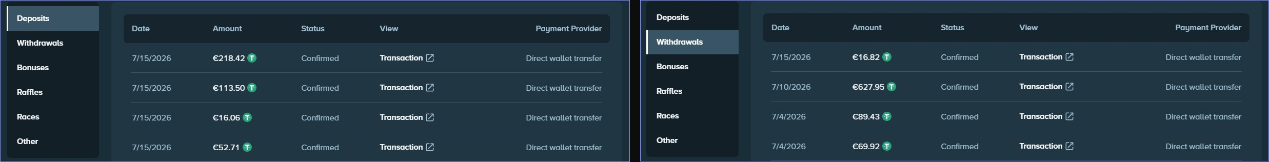 Dmitry AFFSTROY account history with confirmed direct-wallet deposits and withdrawals