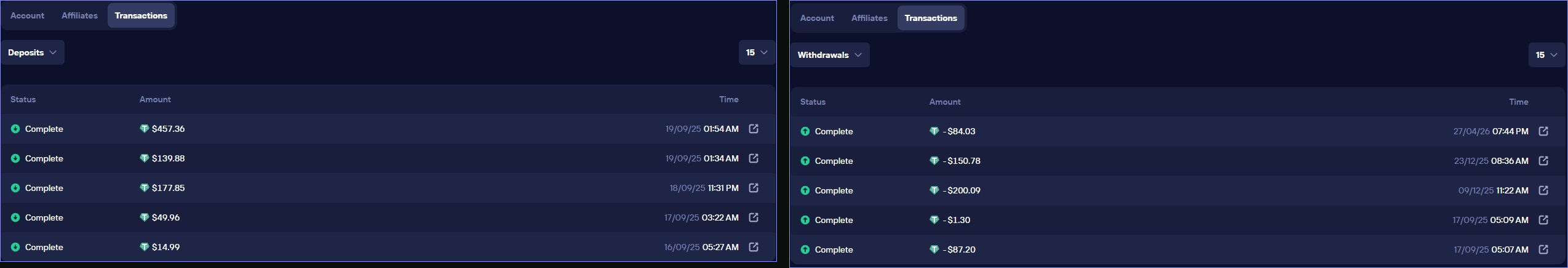 Dmitry AFFSTROY account history with completed USDT deposits and withdrawals