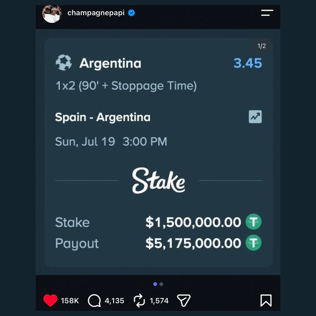 Stake slip showing Argentina at odds of 3.45 with a $1.5 million stake and $5.175 million payout
