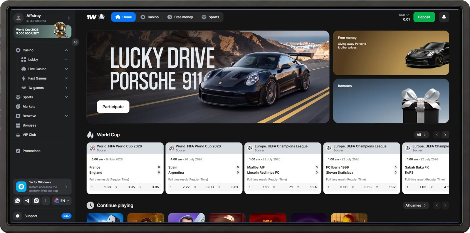 1win desktop casino interface shown inside a browser frame
