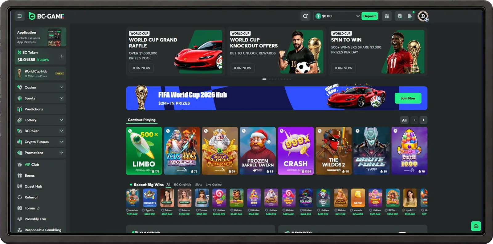 BC.GAME desktop casino interface shown inside a browser frame