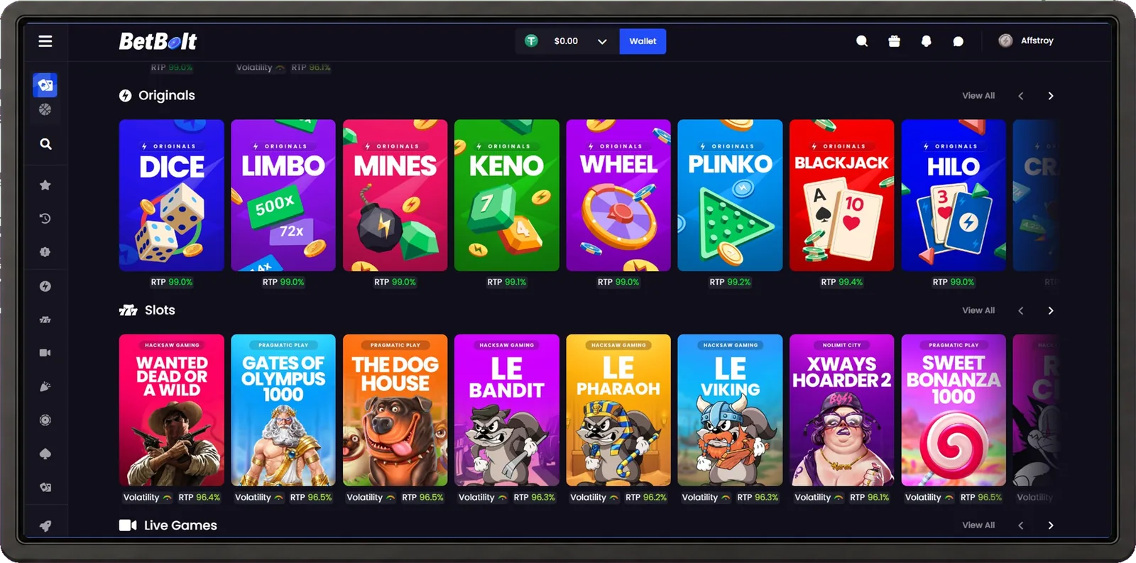 BetBolt desktop casino interface shown inside a browser frame