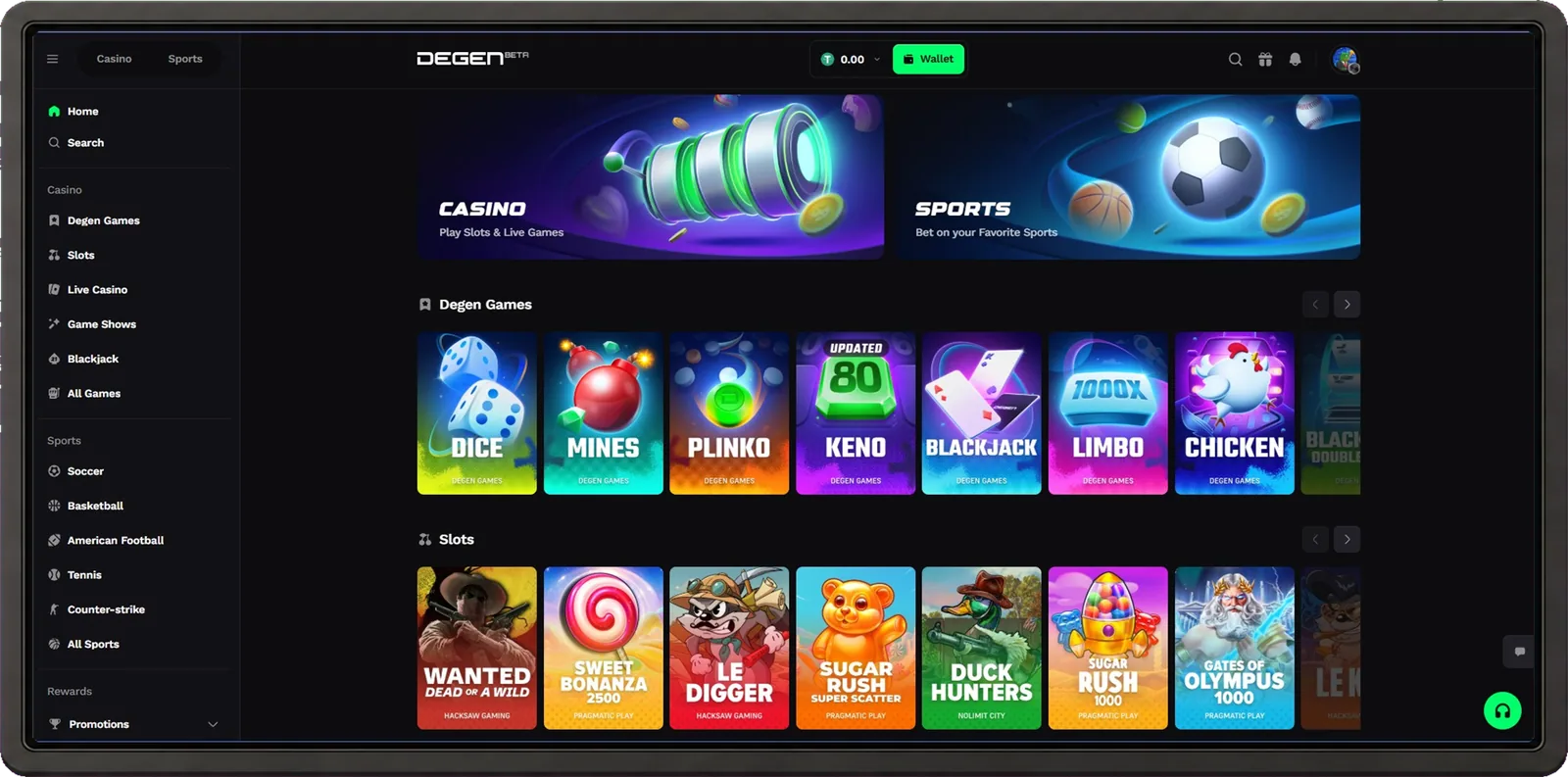 Degen desktop casino interface shown inside a browser frame