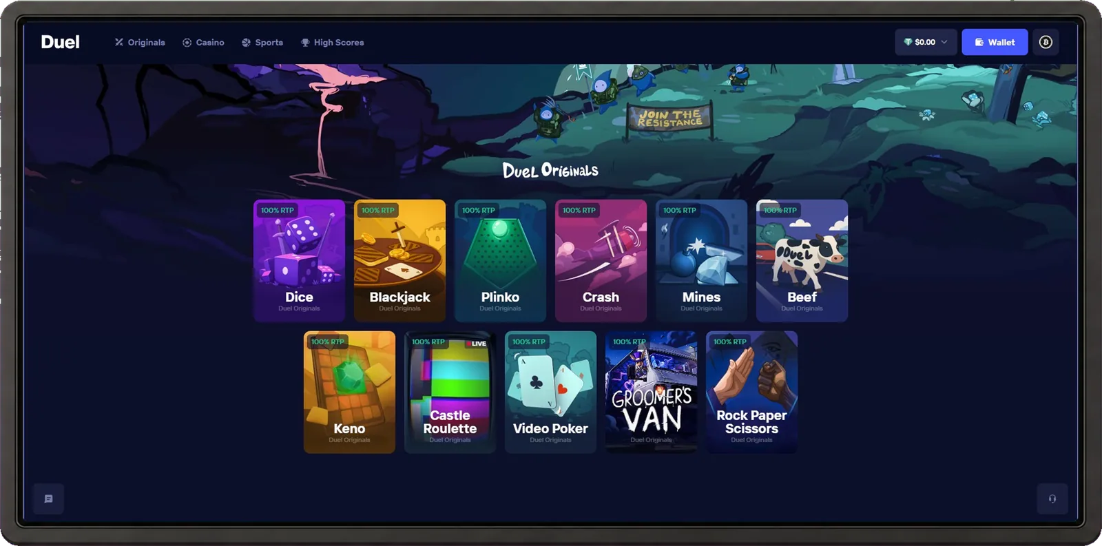 Duel desktop casino interface shown inside a browser frame