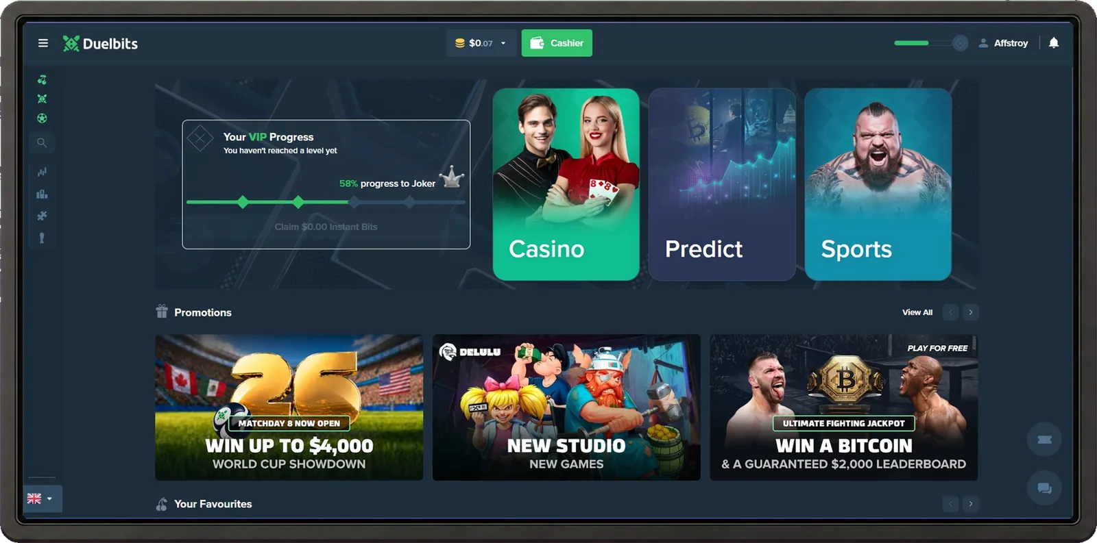 Duelbits desktop casino interface shown inside a browser frame