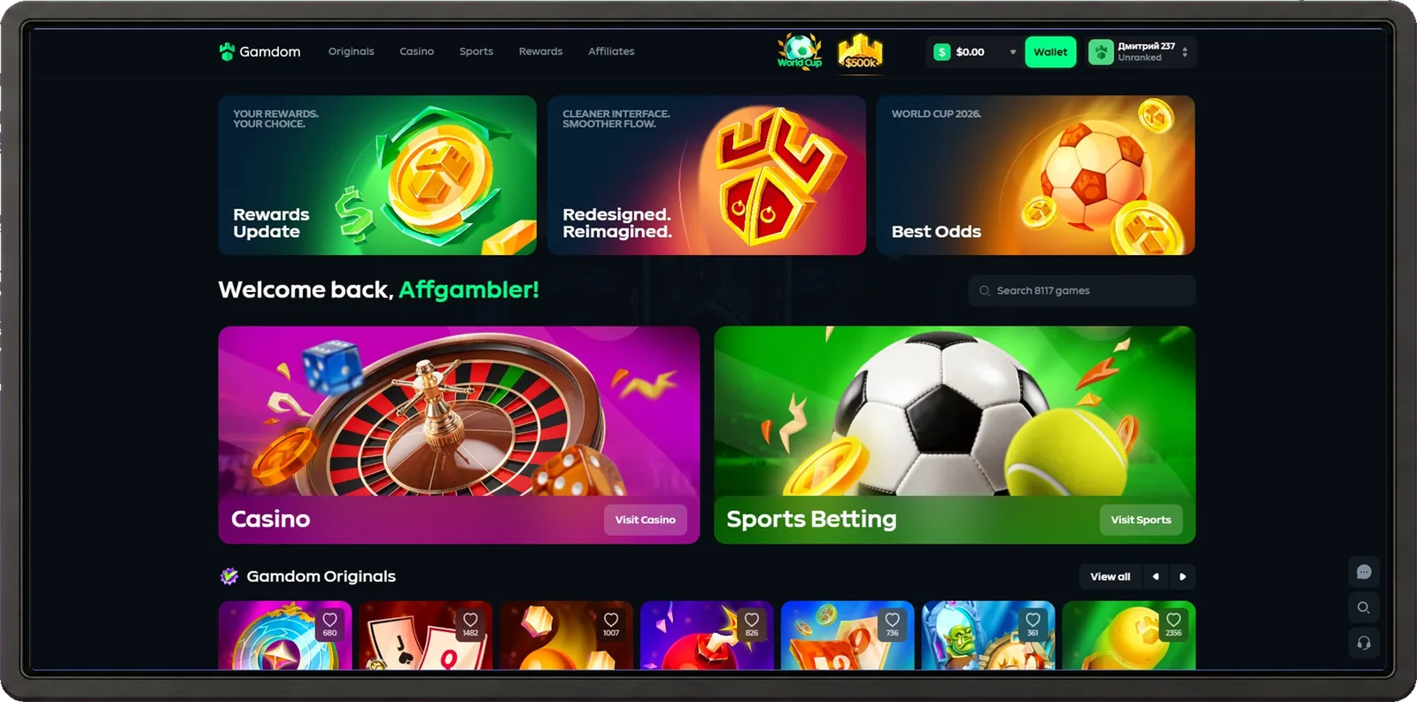 Gamdom desktop casino interface shown inside a browser frame