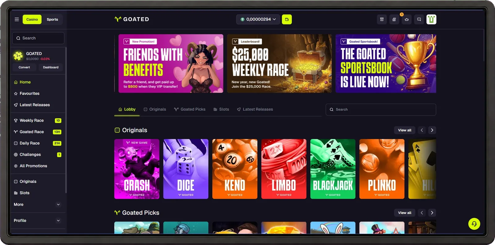 GOATED desktop casino interface shown inside a browser frame