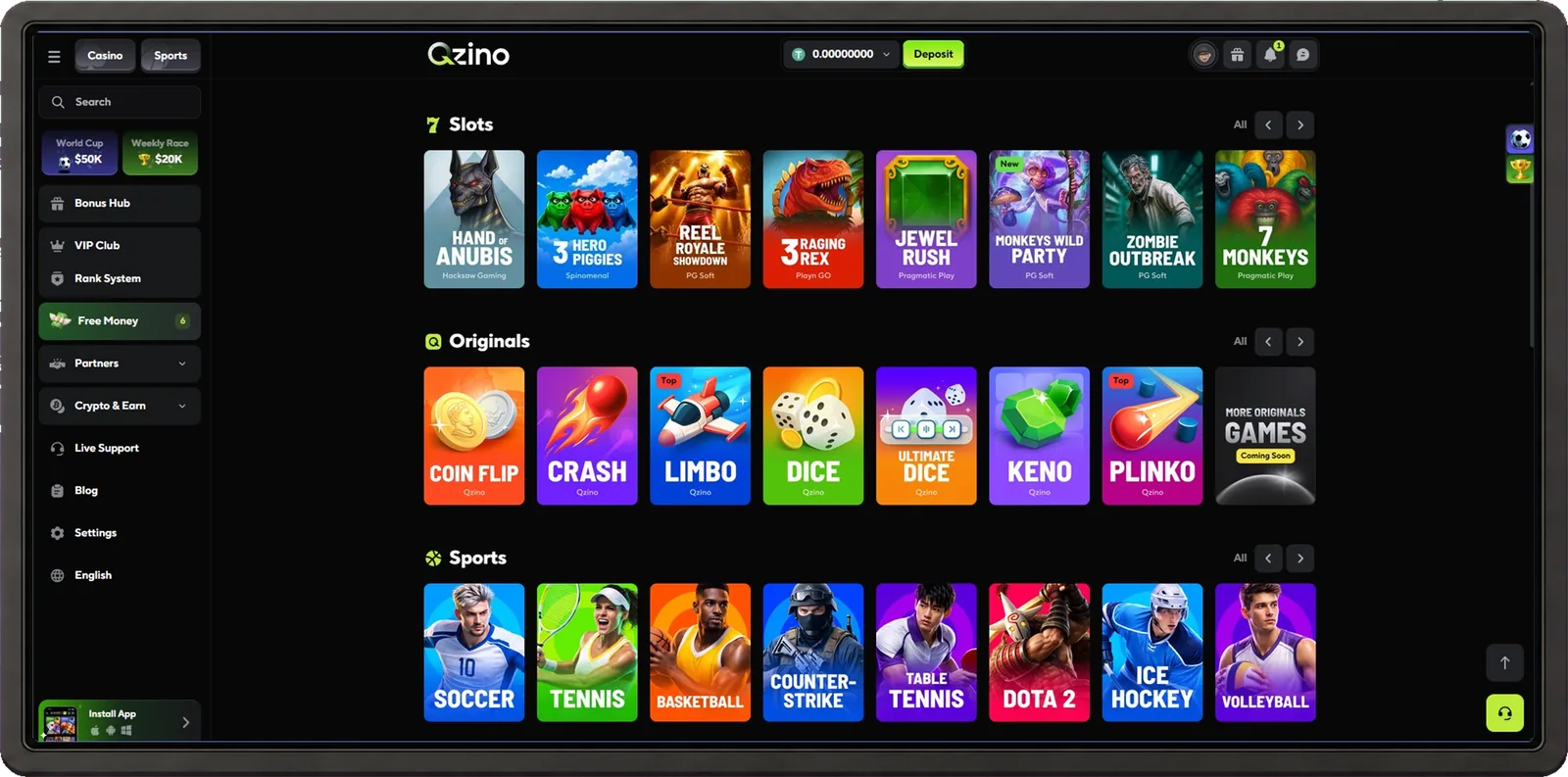 Qzino desktop casino interface shown inside a browser frame