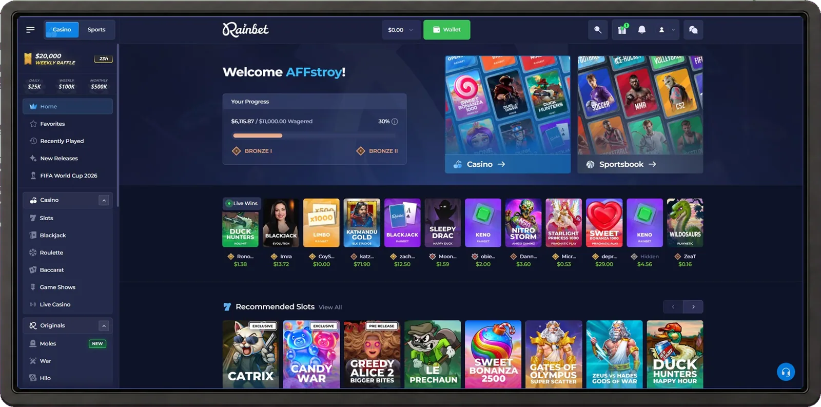 Rainbet desktop casino interface shown inside a browser frame