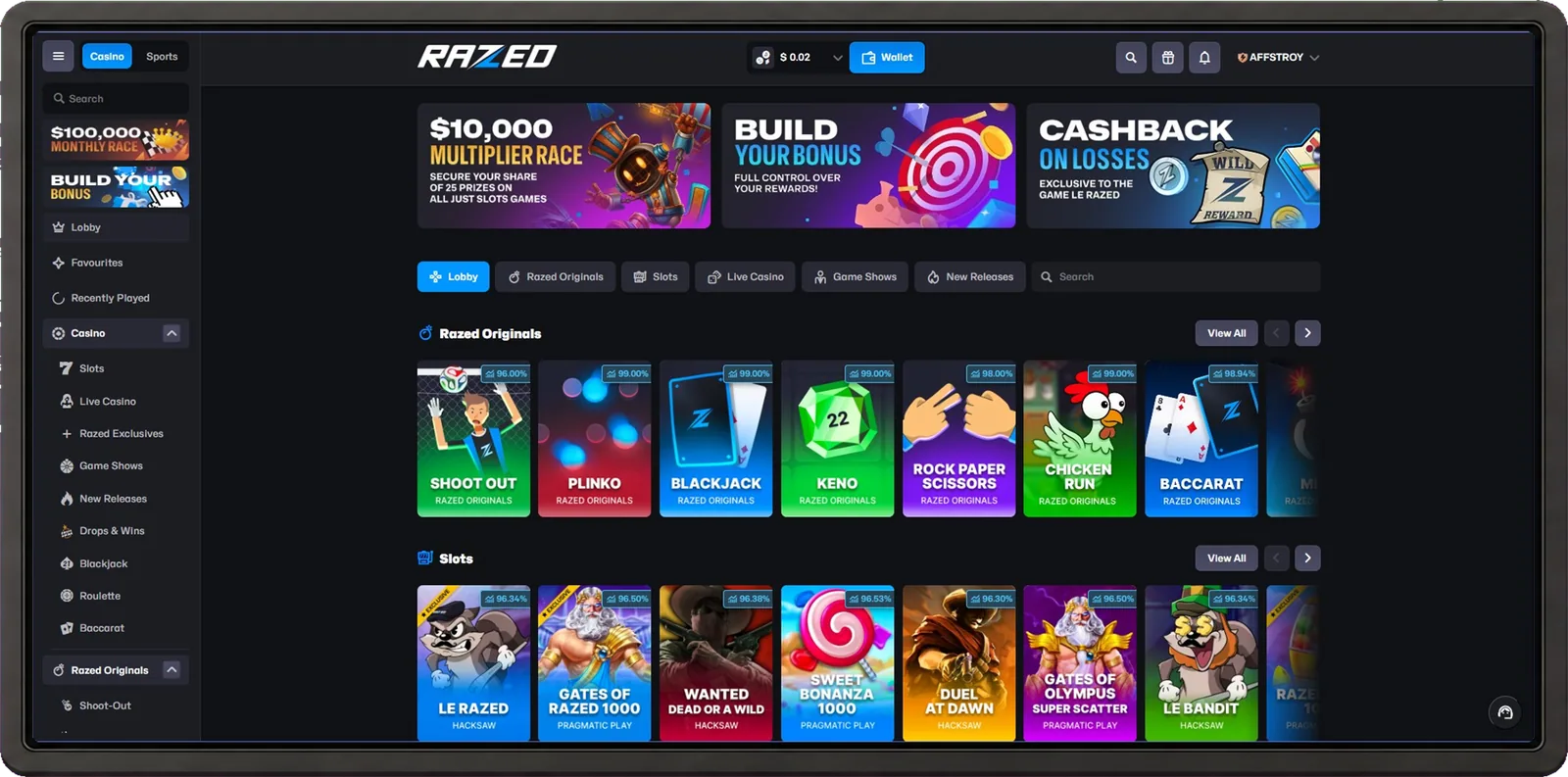 Razed desktop casino interface shown inside a browser frame