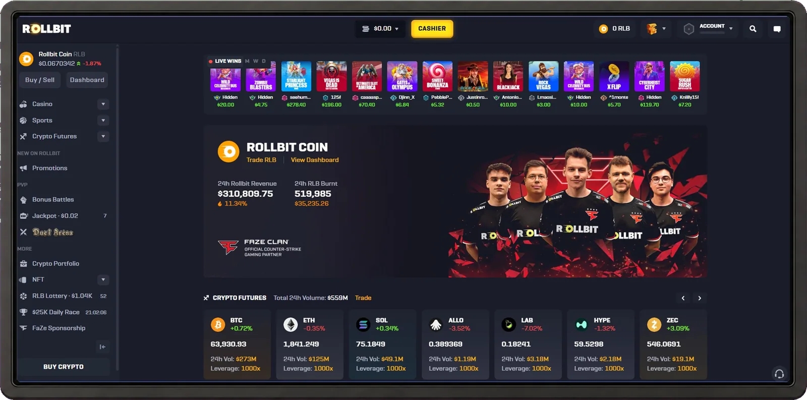 Rollbit desktop casino interface shown inside a browser frame