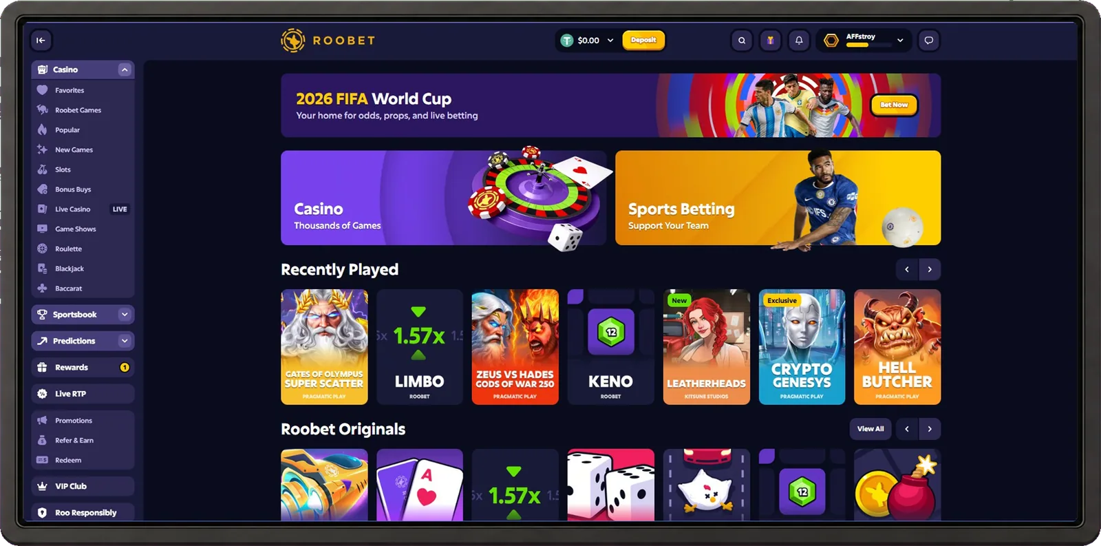 Roobet desktop casino interface shown inside a browser frame