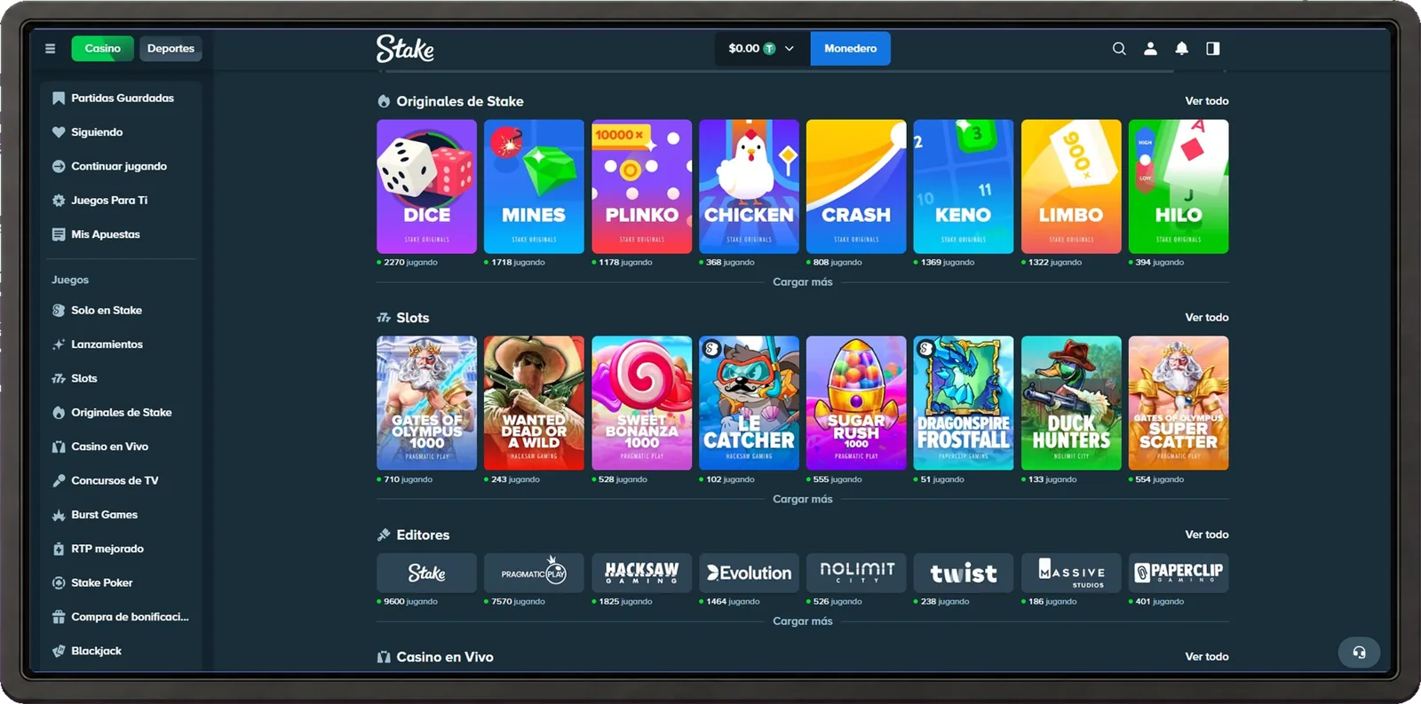 Stake desktop casino interface shown inside a browser frame