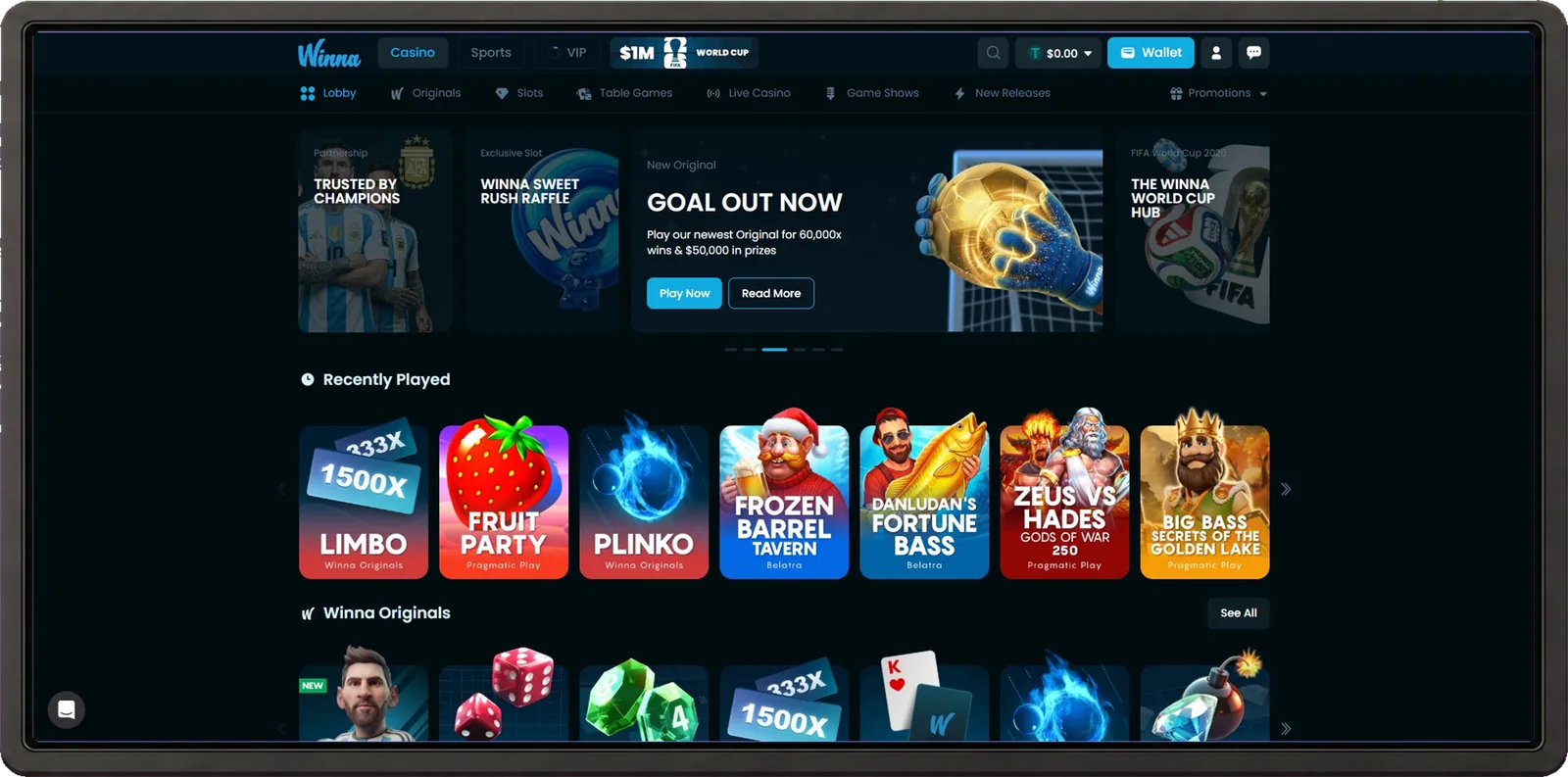 Winna desktop casino interface shown inside a browser frame