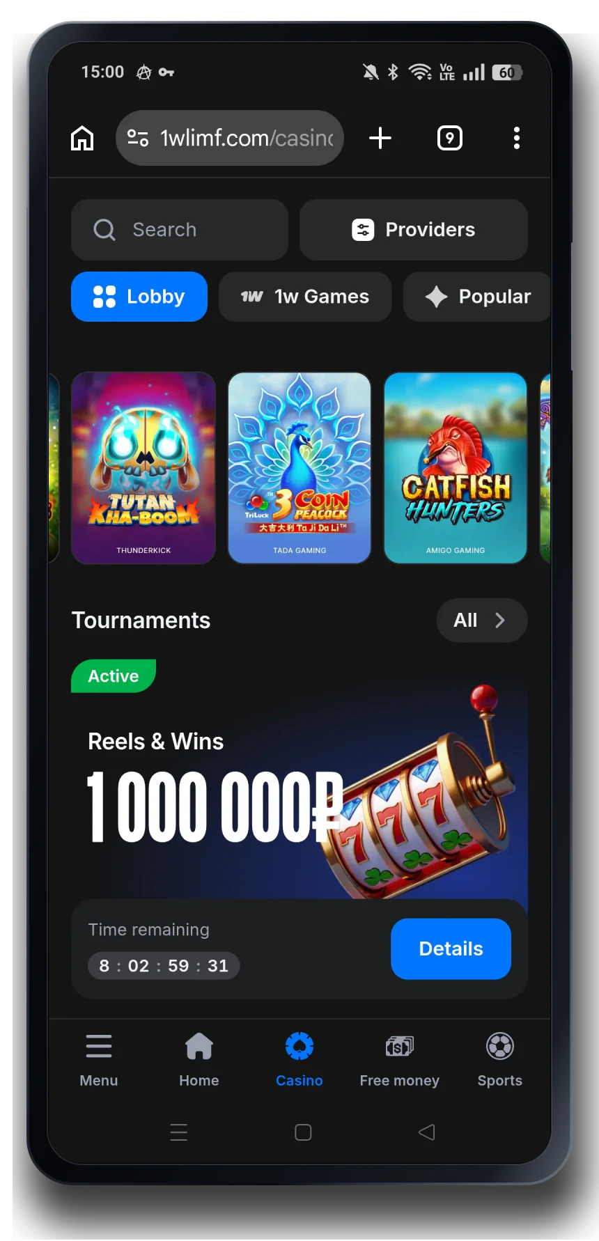 1win casino lobby on a mobile phone
