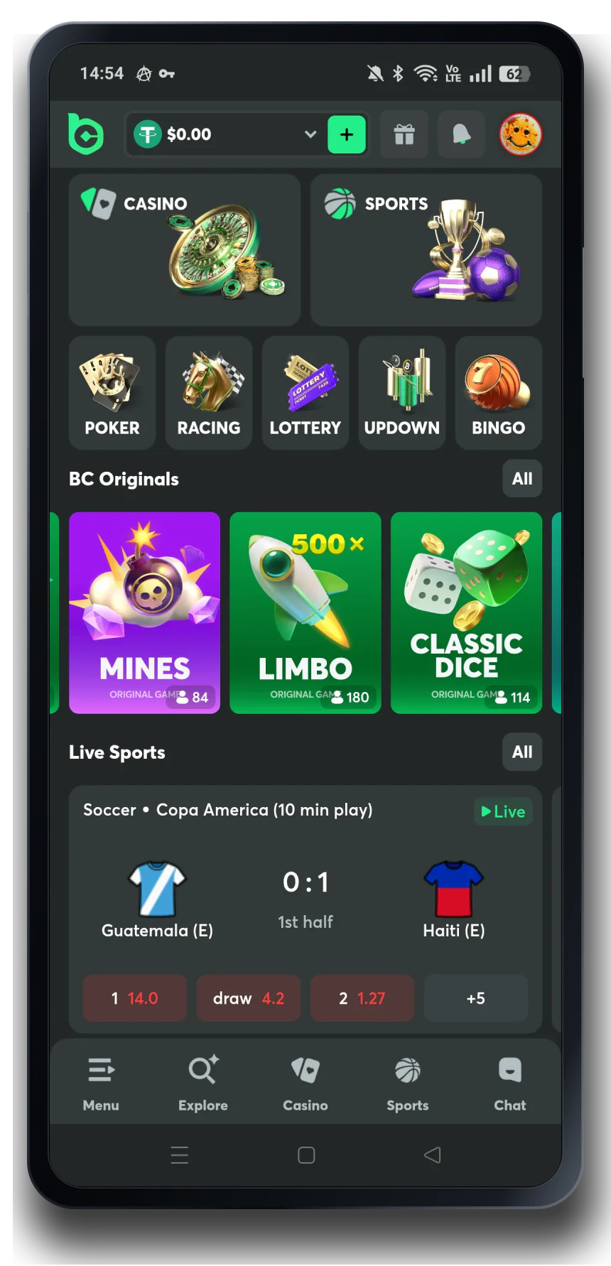 BC.GAME casino lobby on a mobile phone