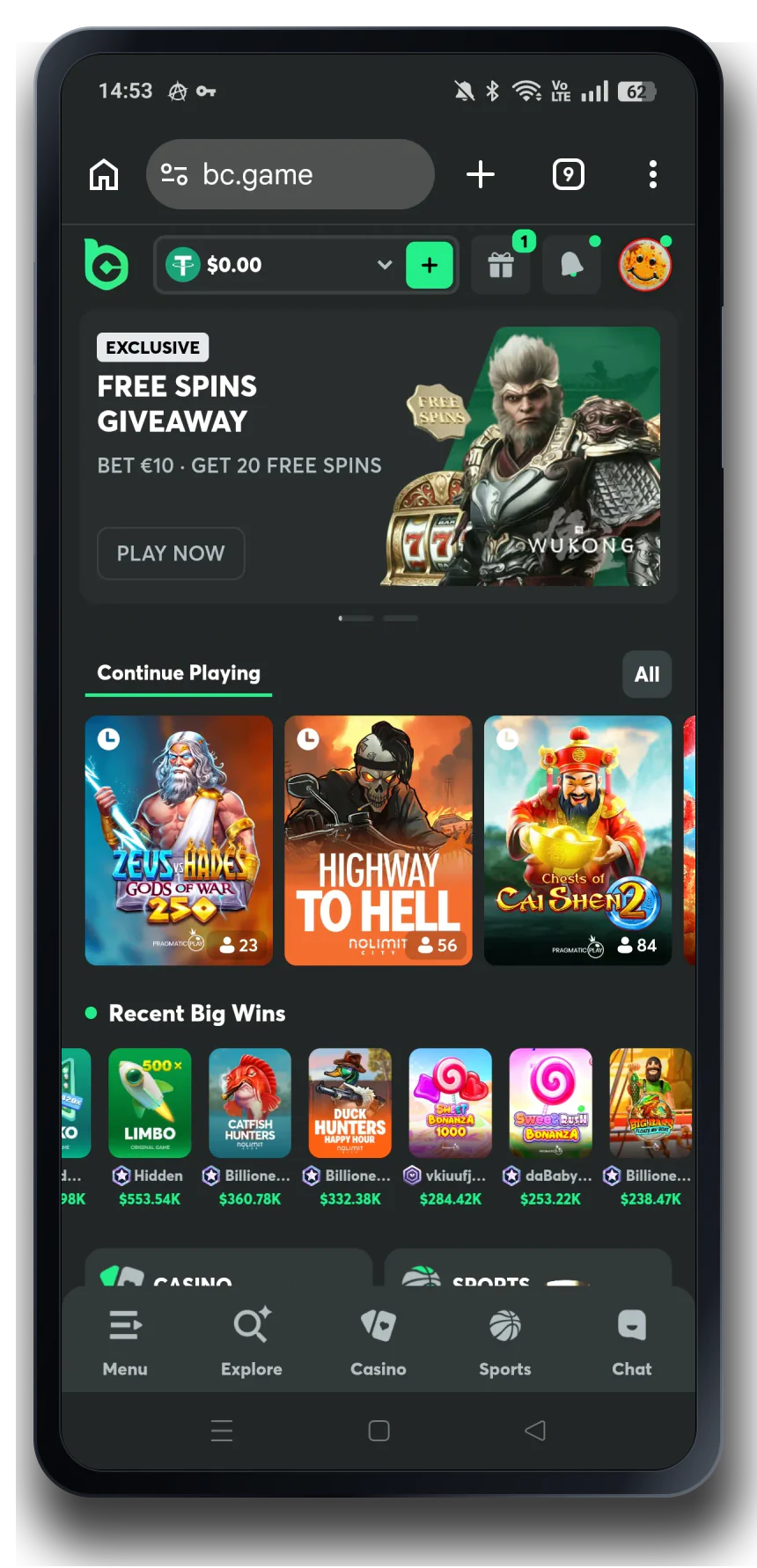BC.GAME home on a mobile phone