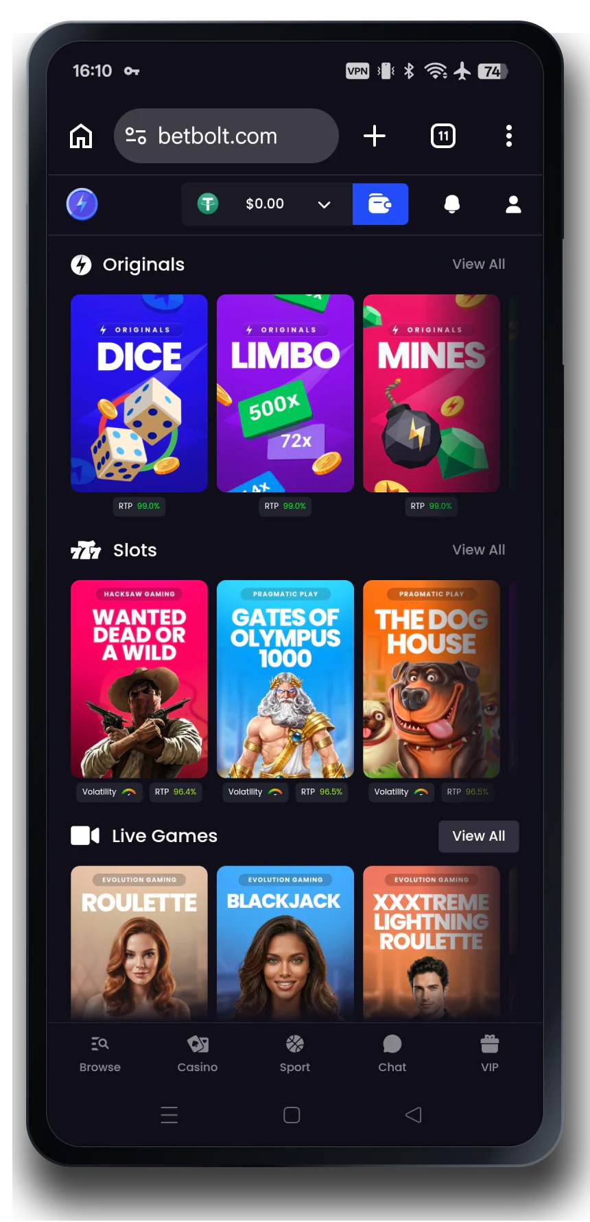 BetBolt casino on a mobile phone