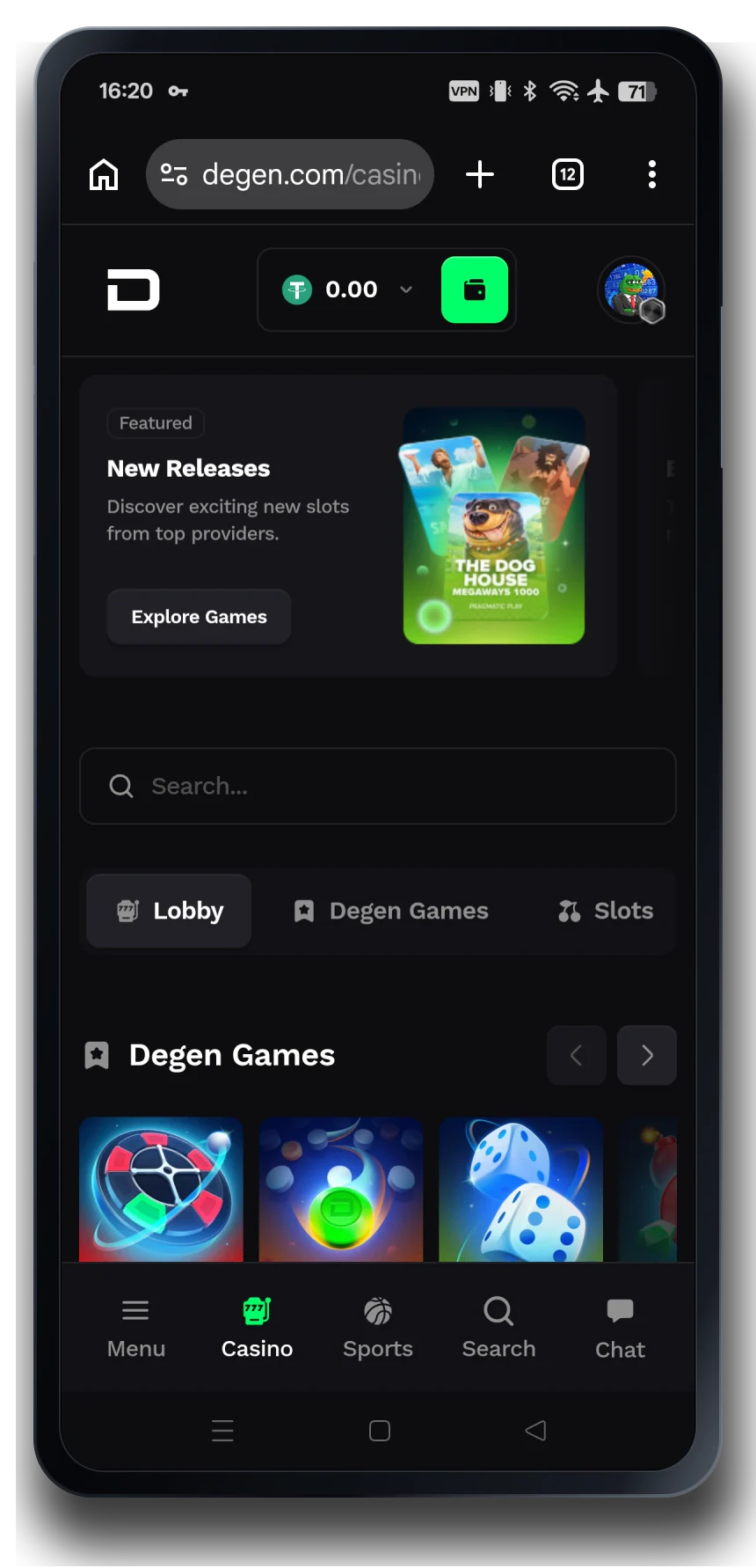 Degen casino on a mobile phone