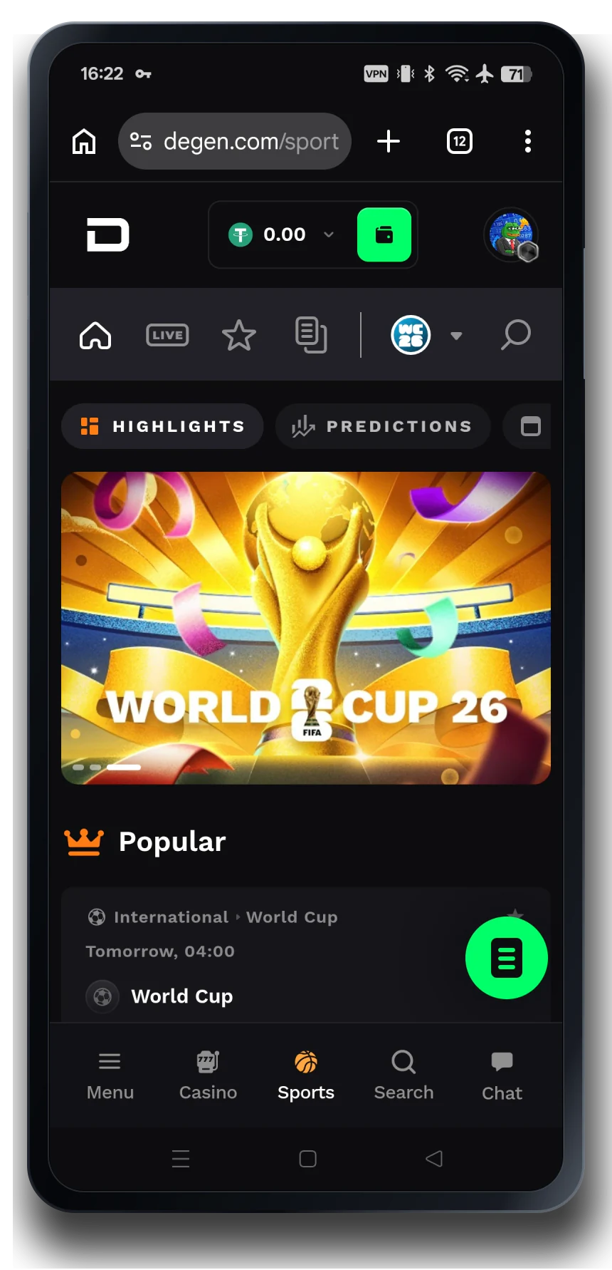 Degen sportsbook on a mobile phone