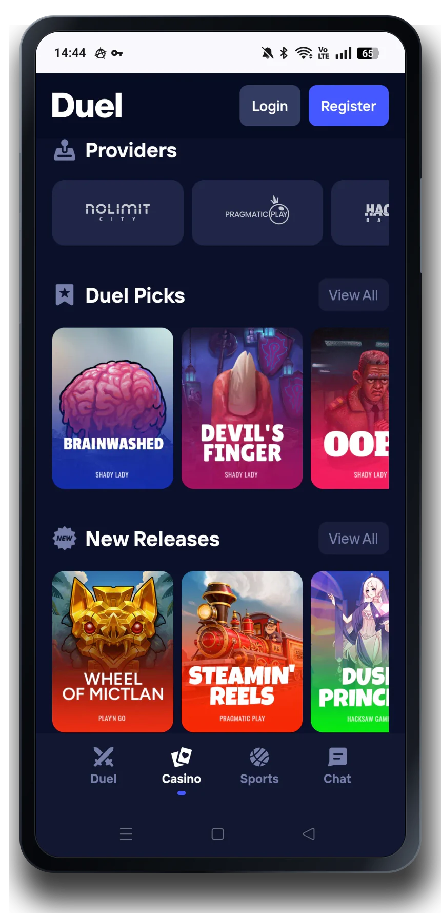 Duel casino lobby on a mobile phone