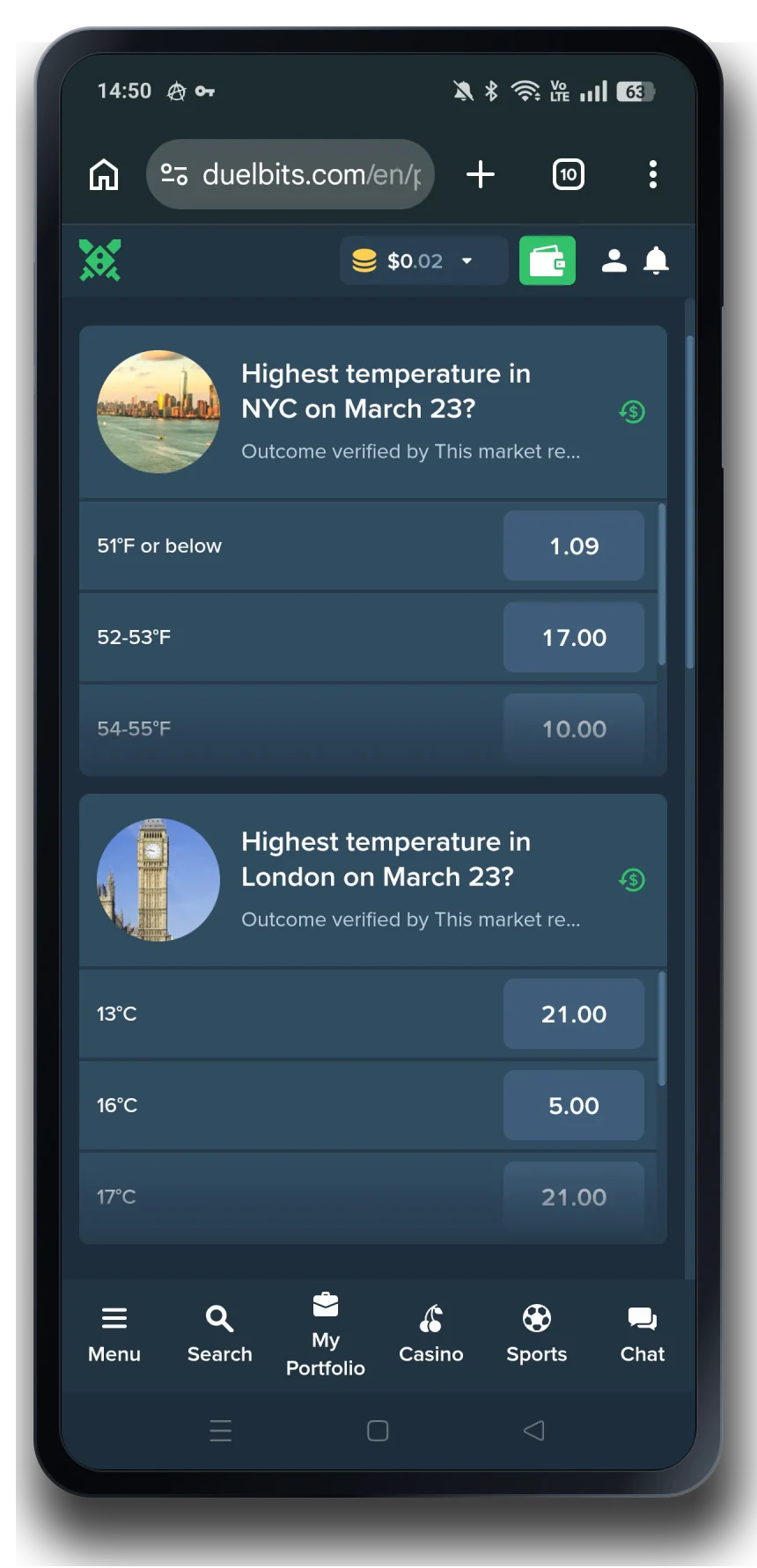 Duelbits casino lobby on a mobile phone