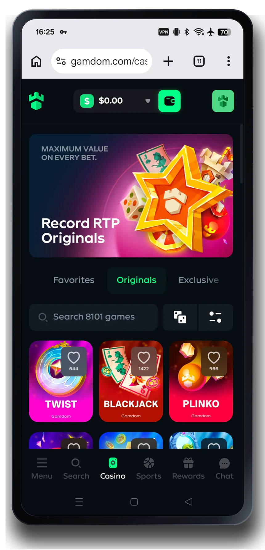 Gamdom casino on a mobile phone