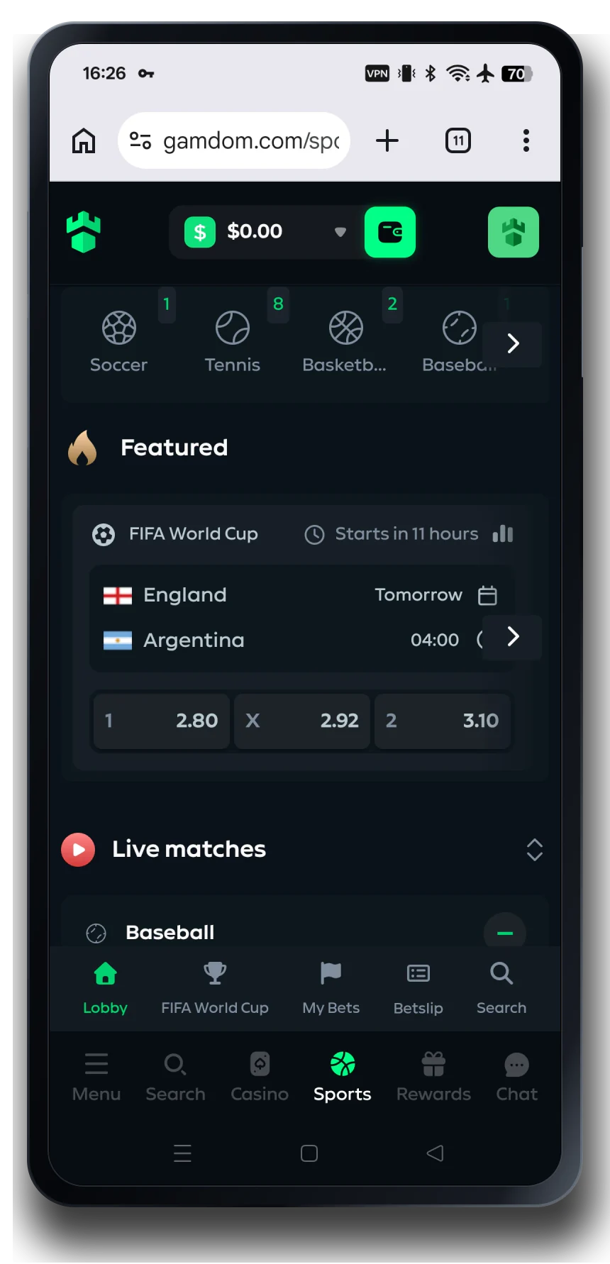 Gamdom sportsbook on a mobile phone