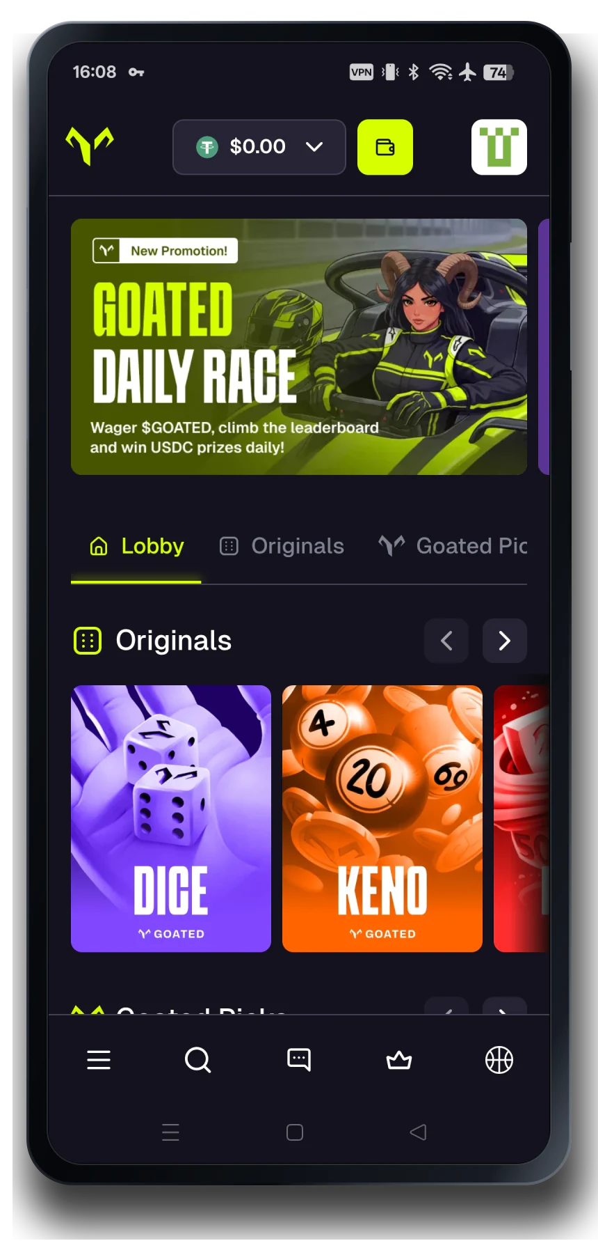 GOATED casino on a mobile phone