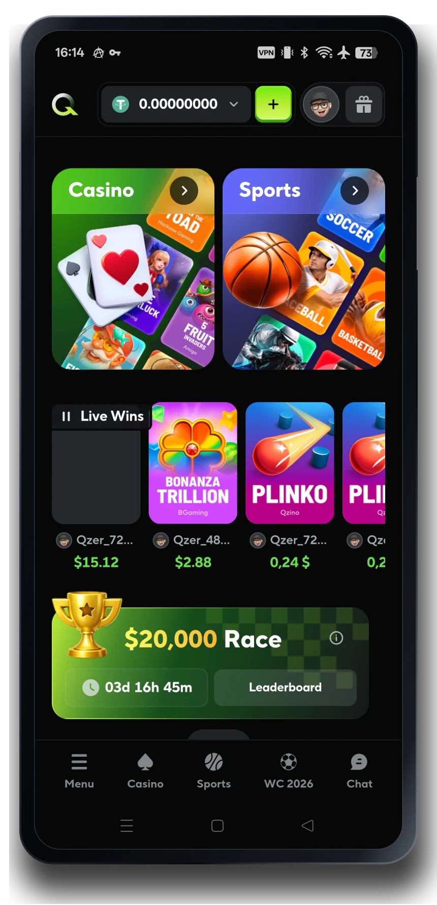 Qzino casino on a mobile phone