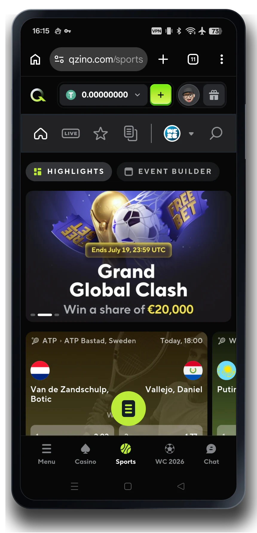 Qzino sportsbook on a mobile phone