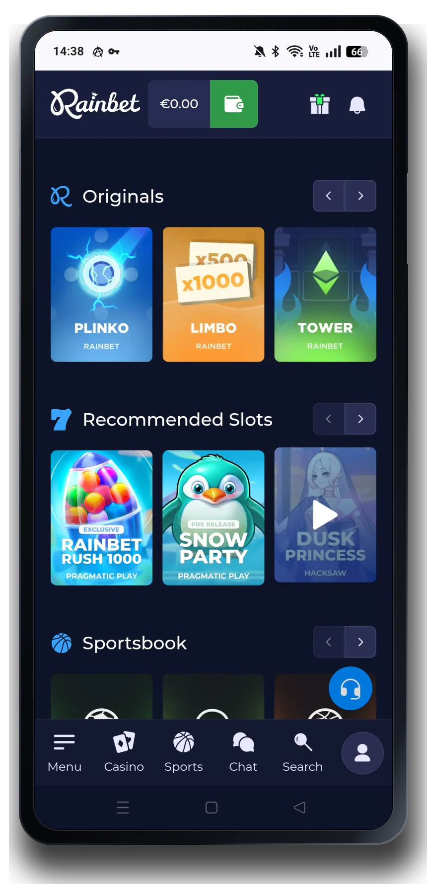 Rainbet casino lobby on a mobile phone