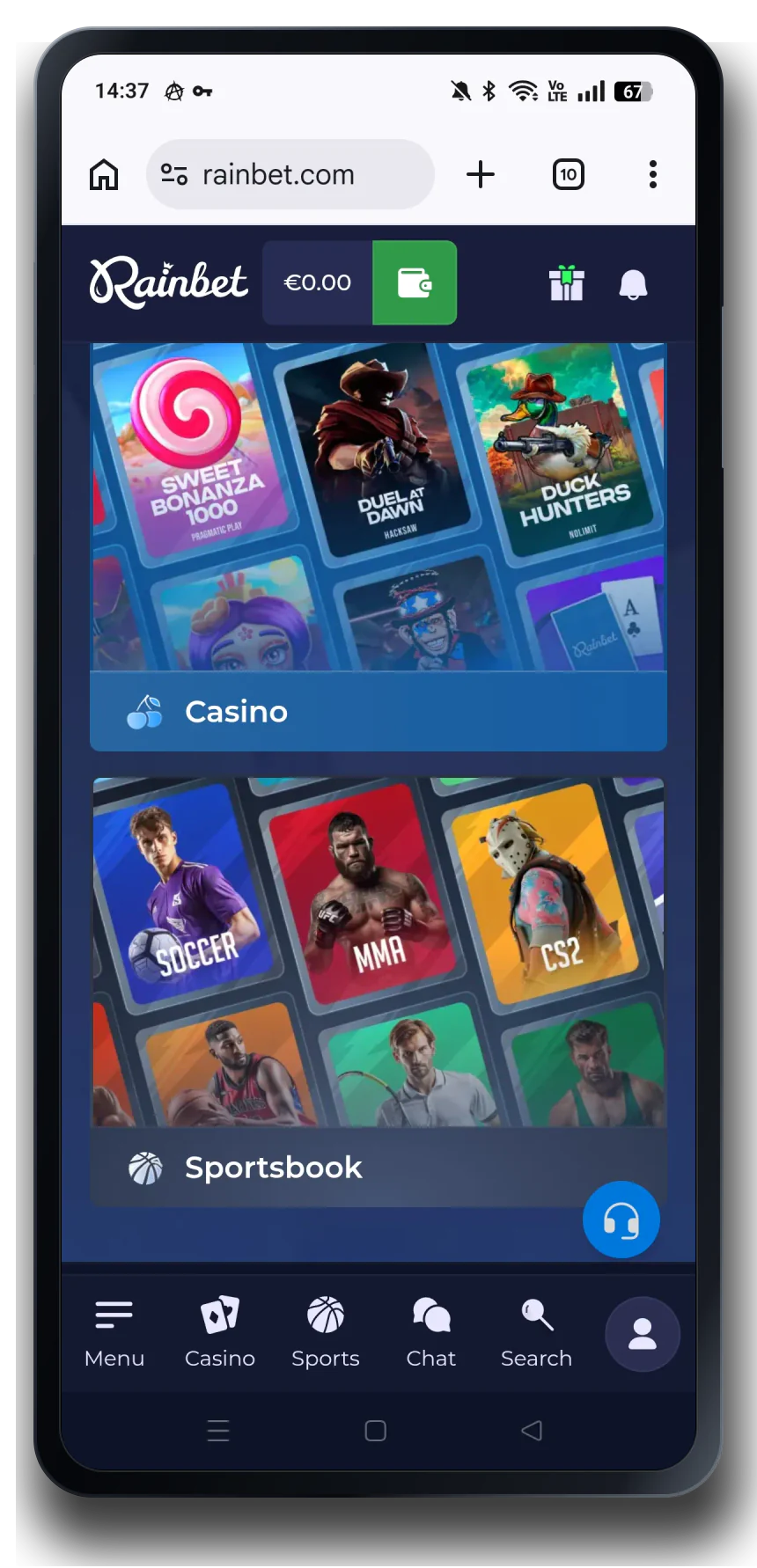 Rainbet home on a mobile phone