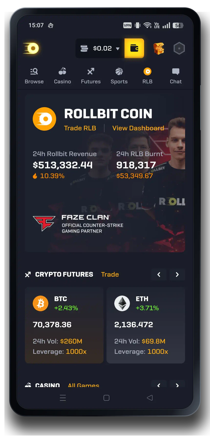 Rollbit casino lobby on a mobile phone