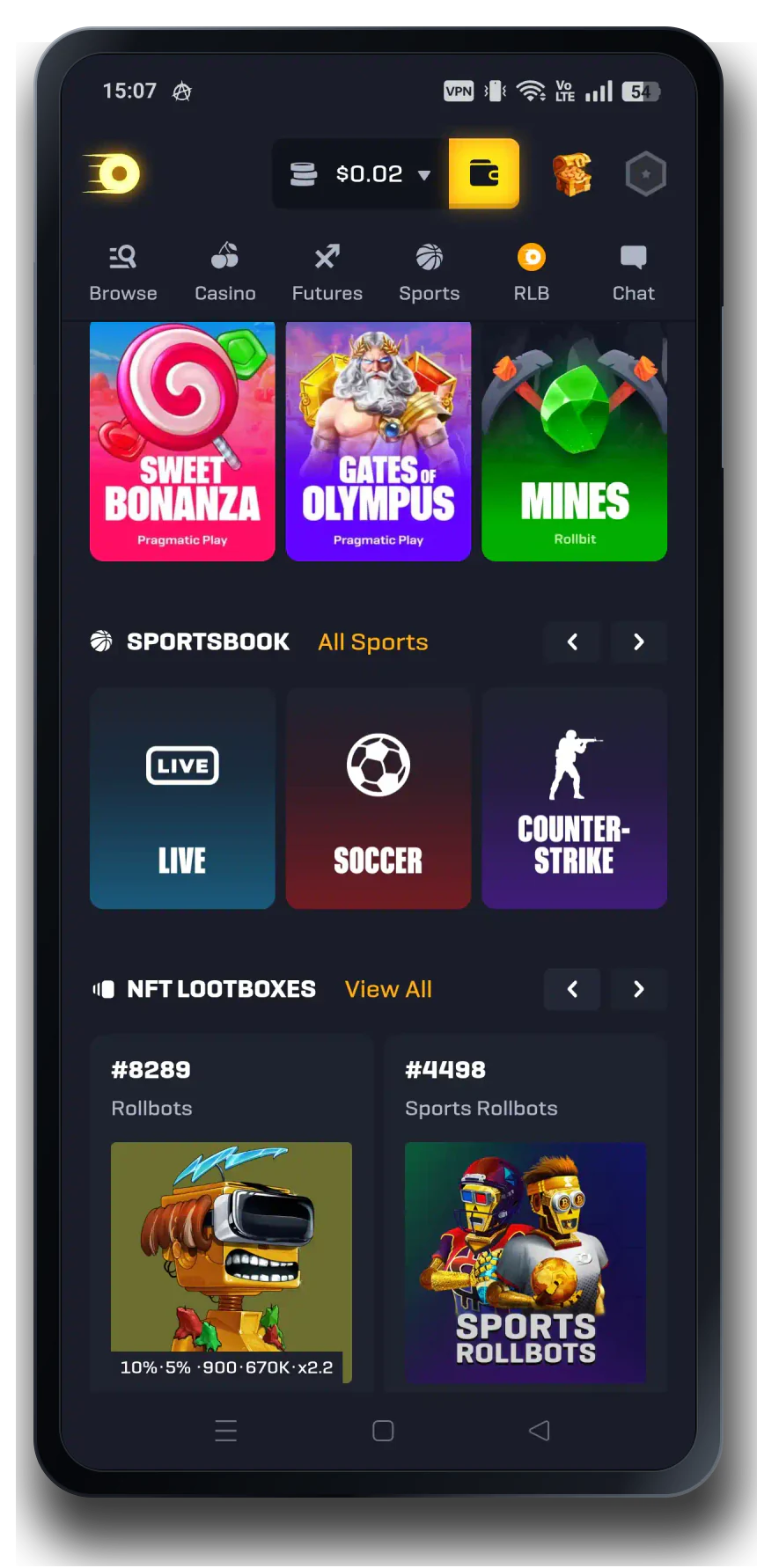 Rollbit home on a mobile phone