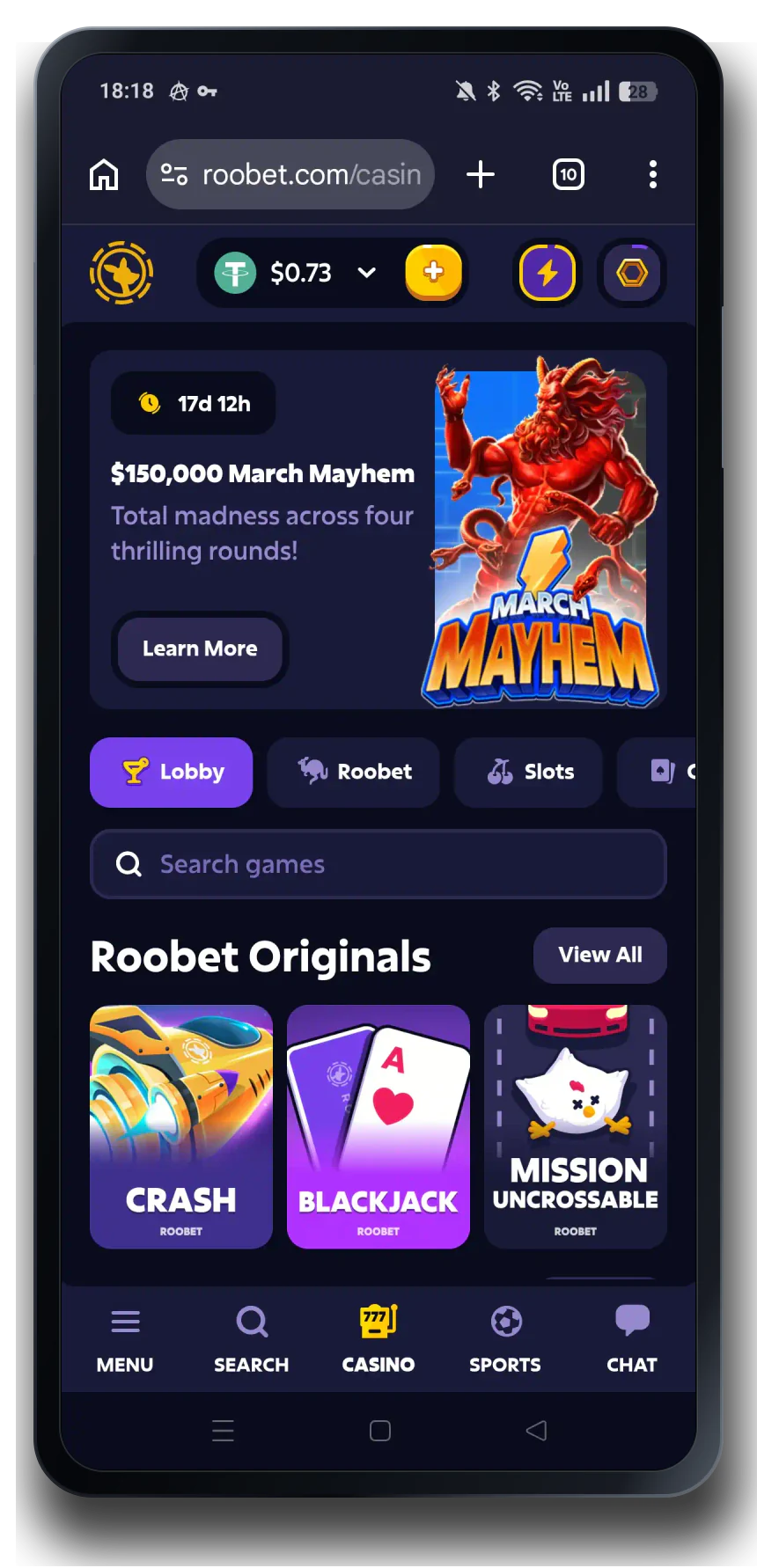 Roobet casino lobby on a mobile phone