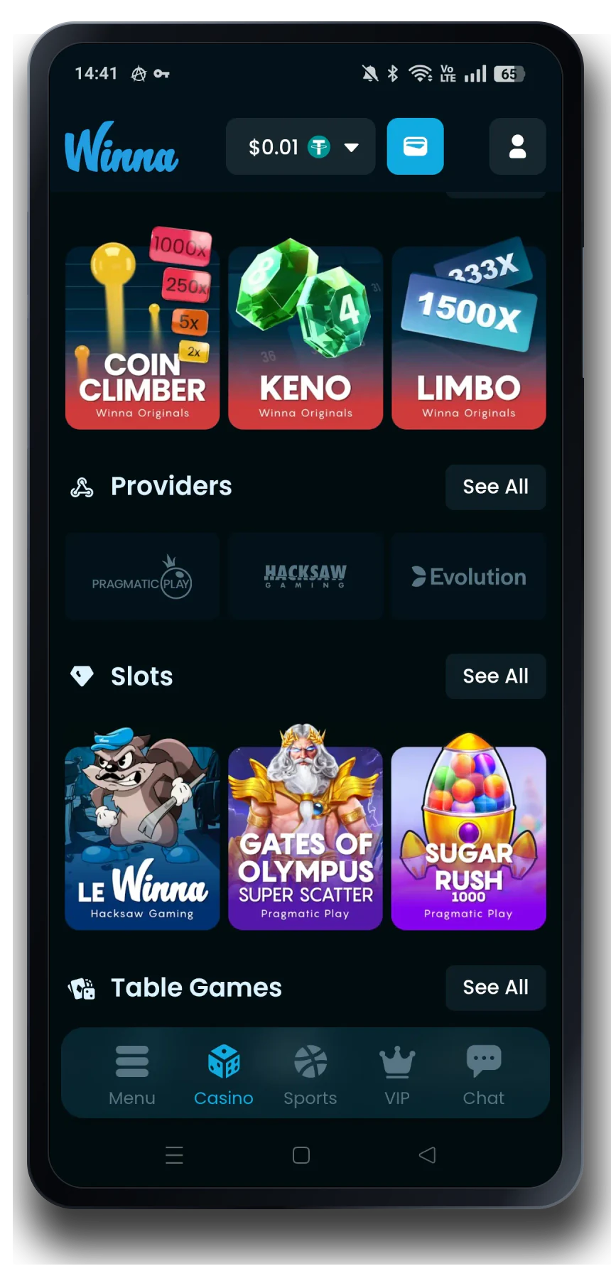Winna casino lobby on a mobile phone